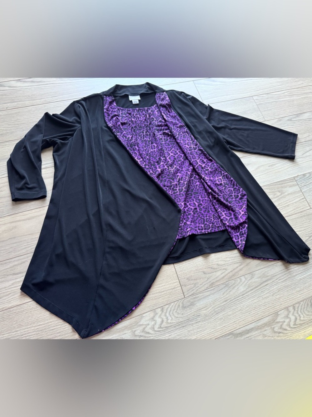Jaclyn Smith Black Cardigan with Purple Leopard Print Lining